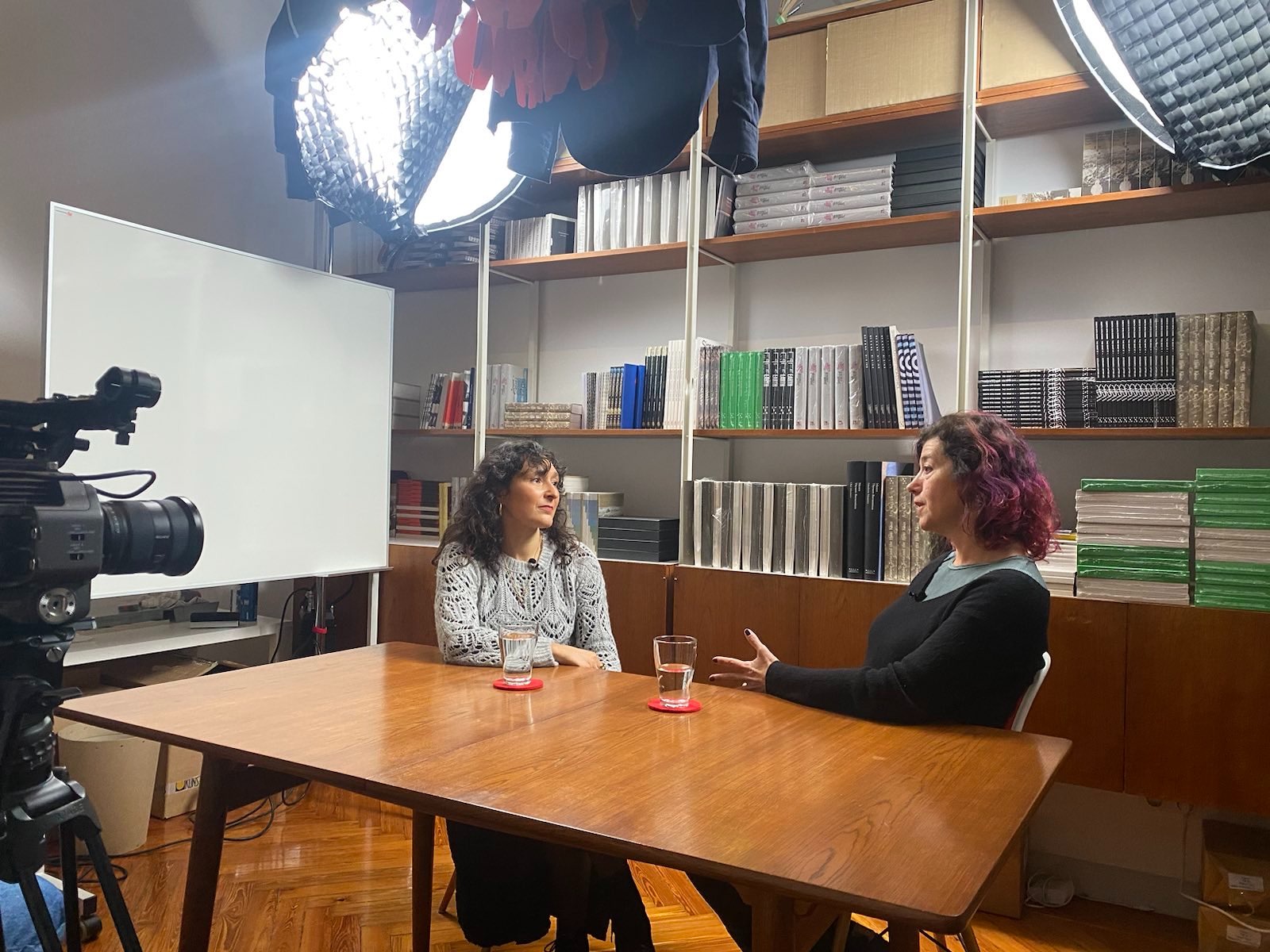 ▴ Filming the Bauhaus of the Seas Sails video series: Luisa Metelo Seixas and Valentina Nisi discuss the Inclusive Digital Storytelling drop, an AI geolocalized digital storytelling platform  promoting social inclusion and cultural participation.